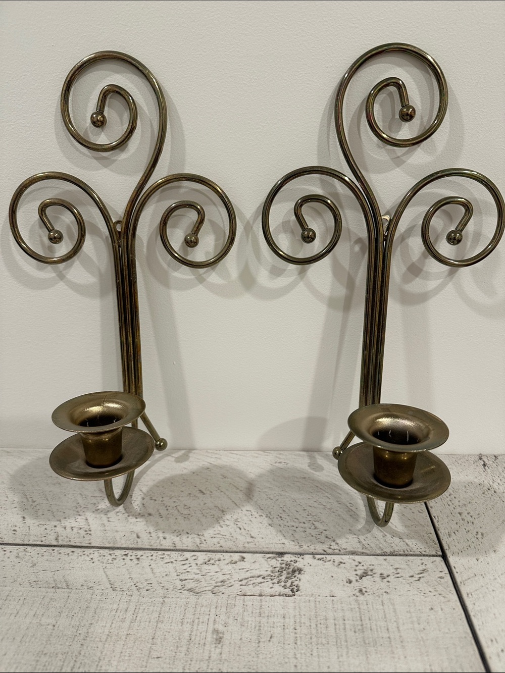Home Interiors Wall-Mount Scroll Candle Holders in Antique Brass